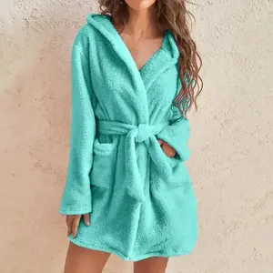 Soid Color Warm Winter Robes For Ladies 2025 Plush Pajamas Robes with Belt Women Hooded Homewear Bathrobe Sleepwear Comfortable  Womenswear Flannel
