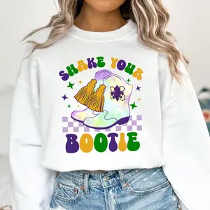 Shake Your Bootie Sweatshirt - Retro Mardi Gras Sweater - Fat Tuesday Crewneck - Carnival New Orleans Shirt - Fleur De Lis Festival Louisiana Shirts - Purple Checkered Majorette Marching Boot Graphic Tee Long Sleeve Tops
