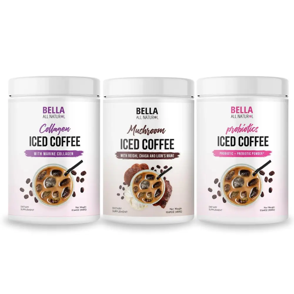 Bella All Natural Iced Coffee Bundle - (1 Collagen Coffee, 1 Mushroom Coffee, 1 Probiotics Coffee)