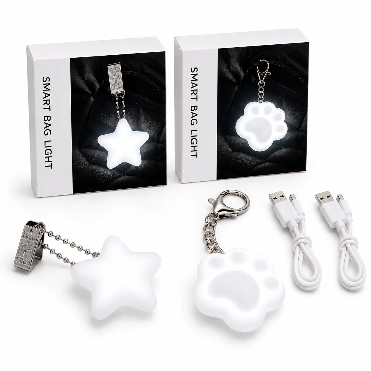 Translucent Touch Night LED Keychain Set - Luminous Backpack/Handbag Lighting Accessory with 5-Pointed Star and Cat Claw Keychains