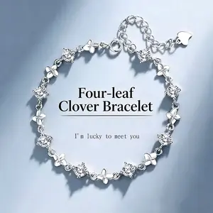 925 Sterling Silver Plated Lucky Charm Bracelet for Girls Women, Simulated Diamond Zirconia Pavé Sweet Minimalist Jewelry, Four-Leaf Clover Bracelet, Birthday Valentine’s Day Gift