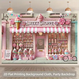 2D Flat, 2D Flat Printing Backdrop Banner 1pc, Colorful Candy Shop Display Background Cloth, Multipurpose Backdrop Photography Props, Polyester Fabric, for Living Room Office Home Decor/ Outdoor Decor/ Party Deco, Hol