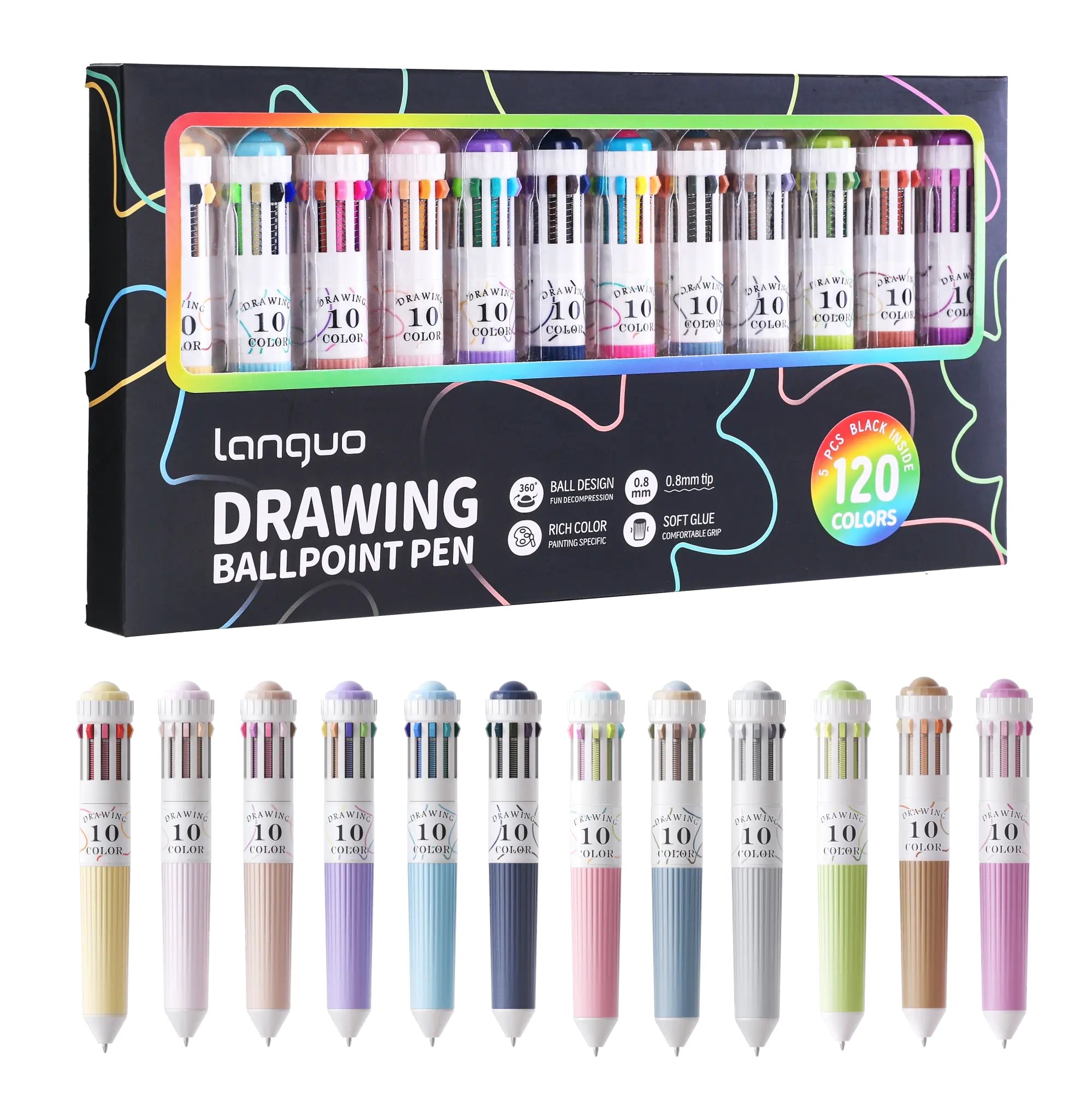 12 Park Multicolor Pens, 10-in-1 Colored Ballpoint Pen, 0.8mm Fine Point Smooth Writing, Retractable Ballpoint Pens for Office School Students Children