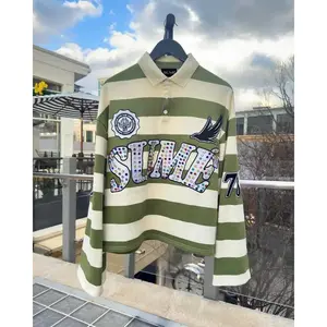 Men’s/Women’s Sume Gothic Klein Stone Embroidery Long Sleeve T-Shirt Y2K Harajuku Hip Hop Striped Polo Shirt Lapel Neck Loose Fit Casual Daily Wear Streetwear Trendy Top