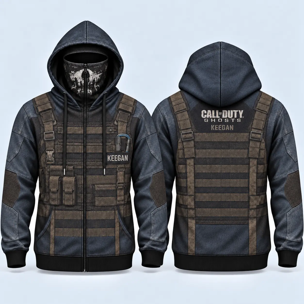 Call of Duty Ghosts Keegan Men’s Zip-Up Hoodie, Tactical Operator Built-In Skull Mask Jacket, Blue Camo Plate Carrier All-Over Print Hooded Sweatshirt, Military Gamer Gift