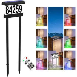 Double Side Solar Address Numbers, Lighted House Numbers for Outside,  RGBW Color Changing Remote Control, Led Illuminated Solar Address Sign with Stakes for Garden Street  Yard