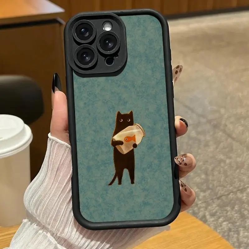 Black cat holding a fish design phone case. Compatible with iPhone 17 Pro Max/16 Pro Max/15 Plus/14/13/12/11, TPU soft case. Compatible with Galaxy S26 Ultra/S25 Plus/S24/S23, Dopamine color. Compatible with Galaxy A54/A53/A33/A15.