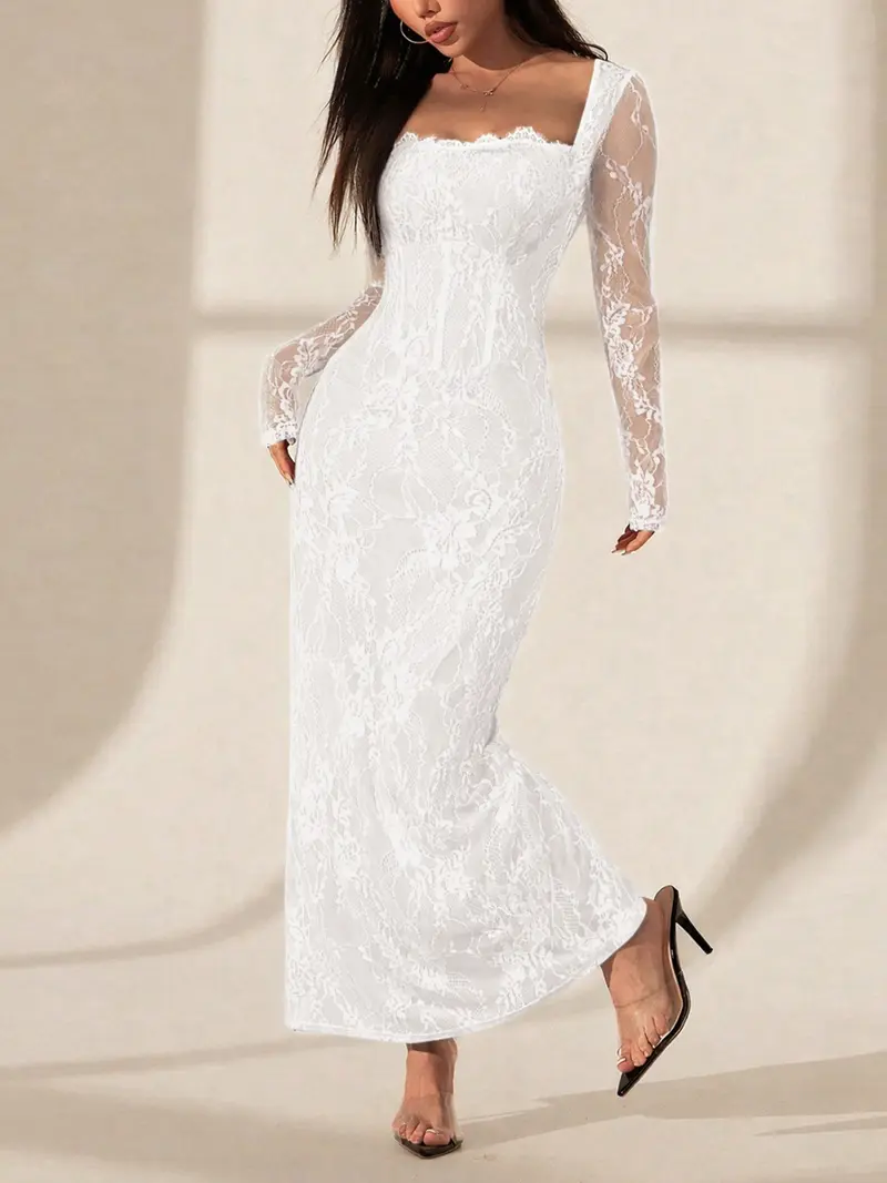 fitted lace wedding dress White Self Belted Buttoned Long Shirt Dress,Maxi Dress,Long Sleeve Dre –  puresunlady main image 1