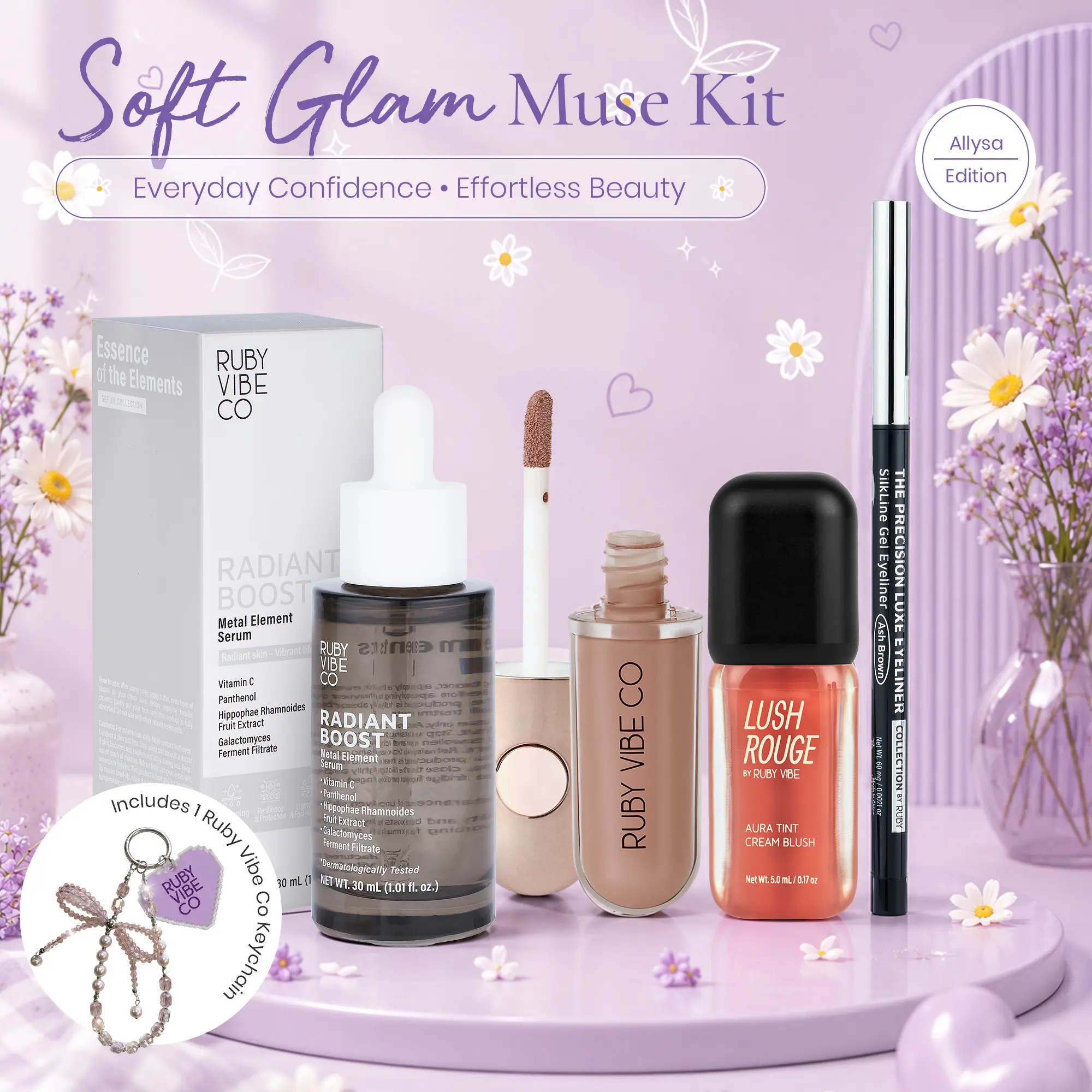 RUBY VIBE CO Soft Glam Muse Everyday Beauty Gift Set 5-Piece Kit with Face Serum Lip Gloss Cream Blush Gel Eyeliner & Keychain Warm Nude Peach Tones, Women Gift Set