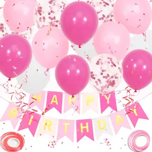 Pink Birthday Decorations Set - 16 pcs 12 Inch Happy Birthday Balloons with 2 Ribbons for Girls and Women, Eco-Friendly Balloons, 1 Banner