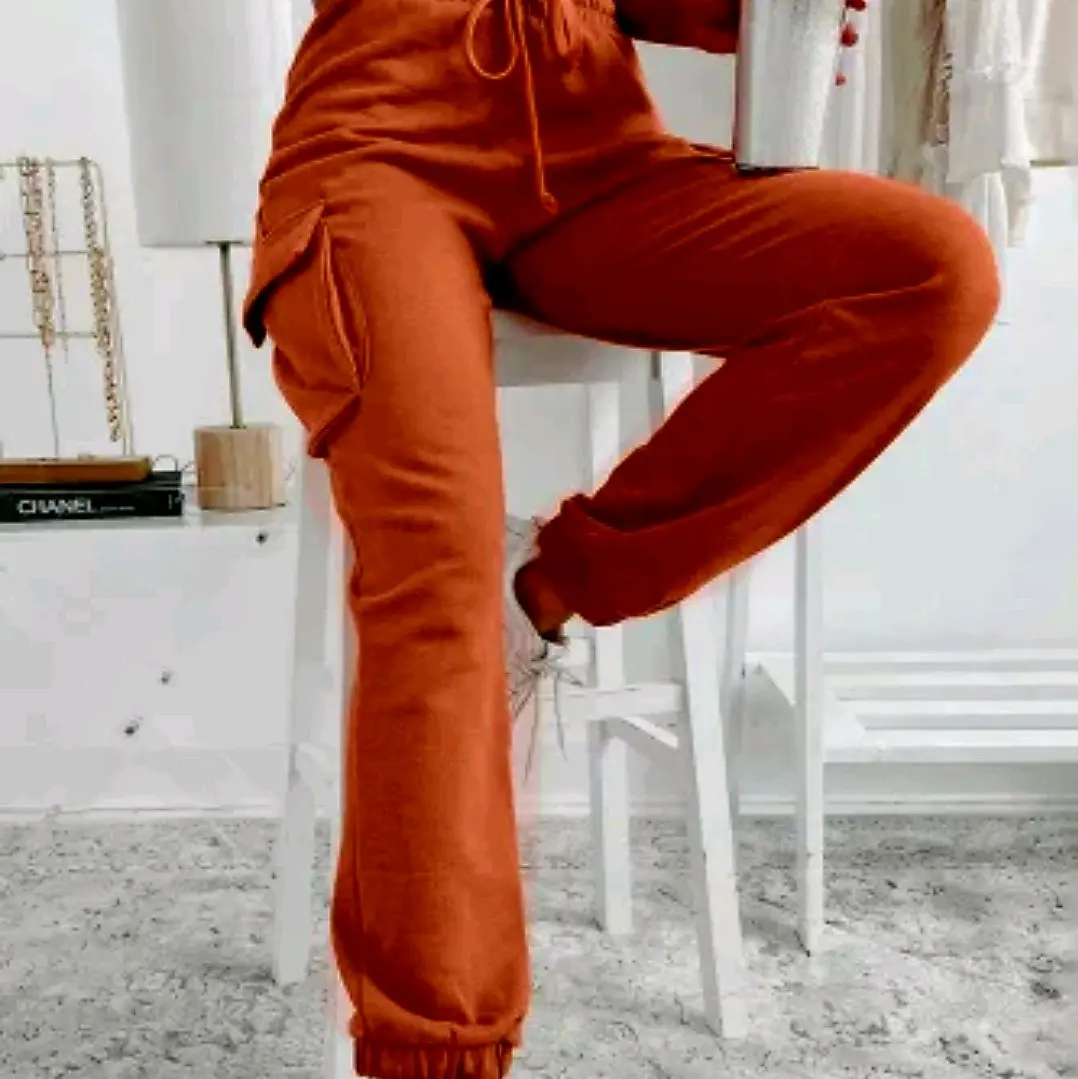 Women Burnt Orange Drawstring Cargo Pocket Comfortable Jogger Pants