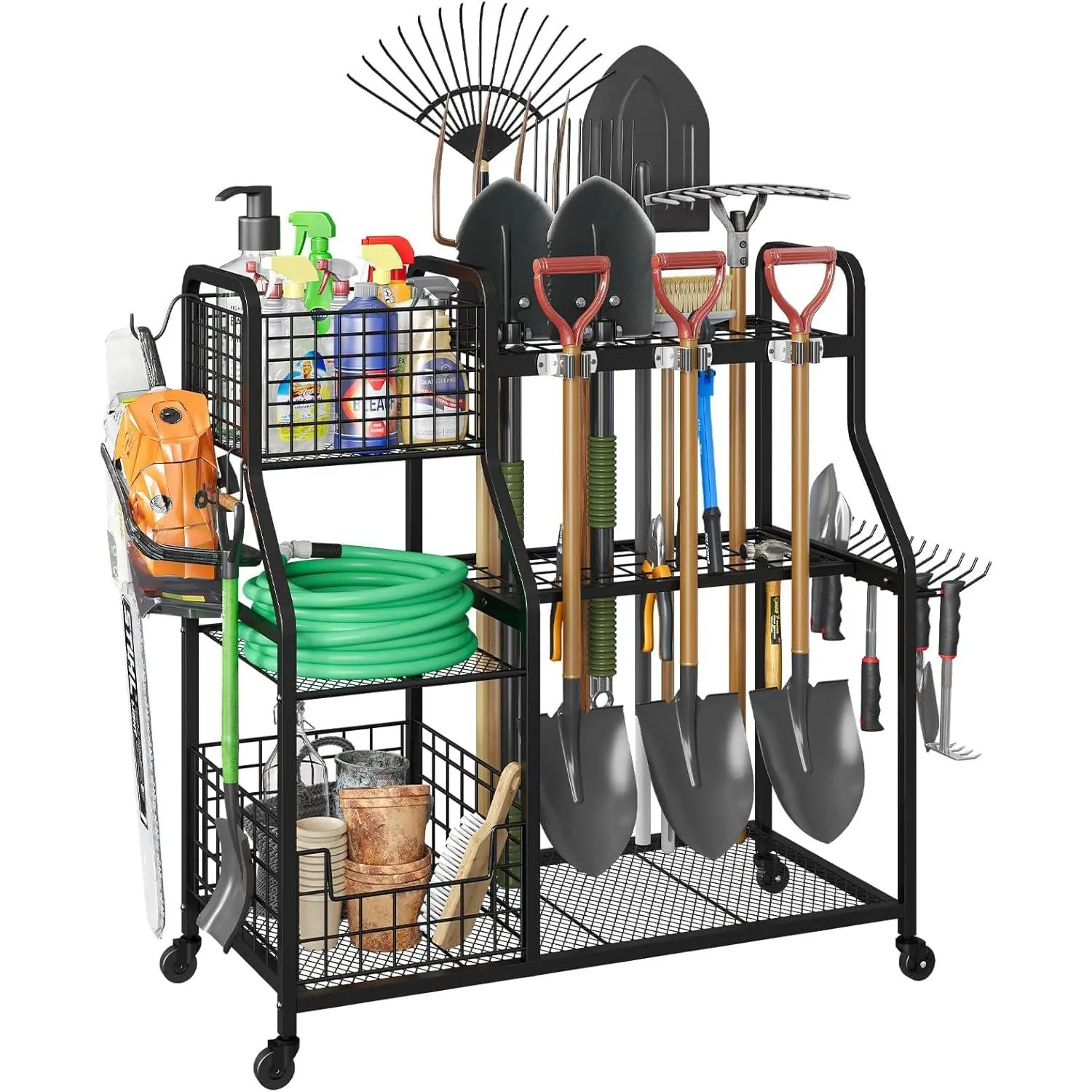 GARVEE Tool Organizer with Wheels,3-Tier Heavy Duty Garage Tool Storage with 6 Shelves,Freestanding Garage Tool Organizer for Yard Shed and Lawn