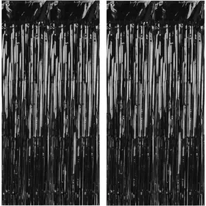 Pack of 2 Black Foil Fringe Curtains - Black Tinsel Backdrop for Photo Booth, Birthday, Wedding,  Shower, Bachelorette, Christmas & Holiday  Decorations