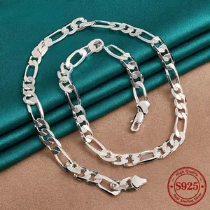 1pc 925 Sterling Silver Plated 8mm  Geometric 20in-26in Figaro Chain Necklace For Man Women Party Engagement Wedding Gift Fashion Charm Jewelry father's day gift necklaces men men's accessories Festive Christmas couples gift High-quality souvenir
