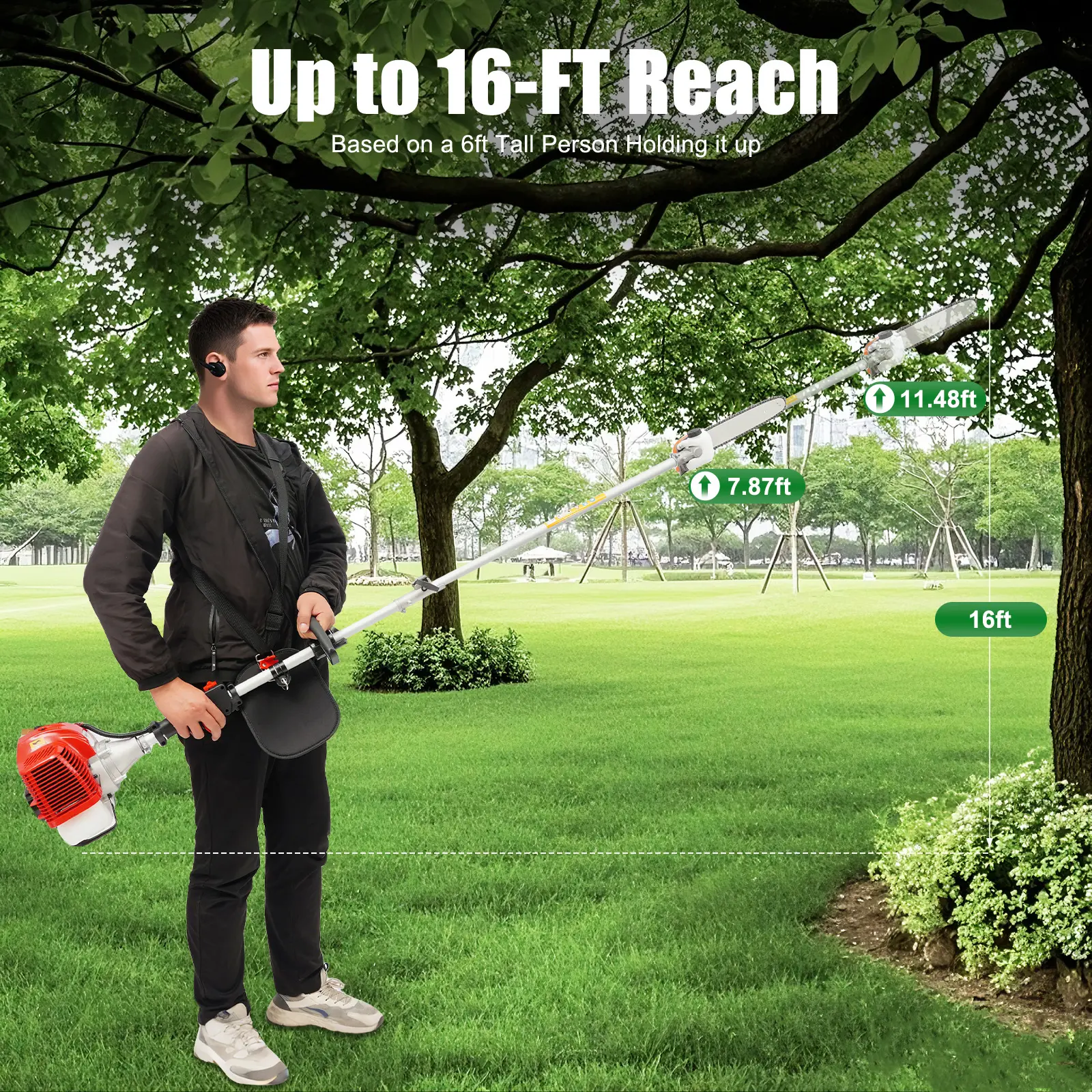 Handheld Gas Power Chainsaw, Red, 7.87-11.48ft Telescopic Split Shaft with 1 Extension Pole, 1.25kw 2-Stroke Engine, 300mm/12in Chain, Lightweight Body for Garden Tree Pruning, Wood Cutting