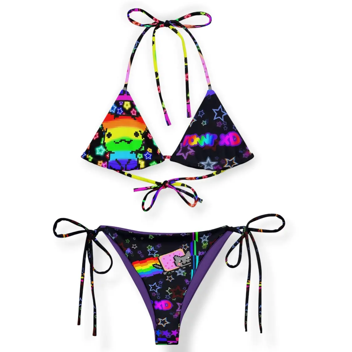 Y2K Scene Rave Rainbow Bikini - Custom Cyber Graphic Swimsuit