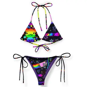 Y2K Scene Rave Rainbow Bikini - Custom Cyber Graphic Swimsuit