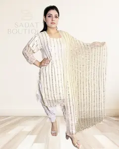 Ivory White Embellished Punjabi Suit – Crinkle-Style Comfort with Sequin Glow