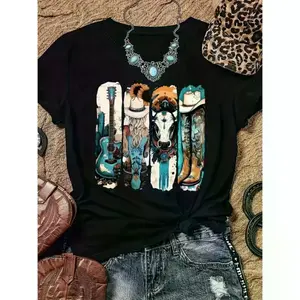 Vintage Western Cowboy Graphic T-Shirt for Women with Boots, Hats & Guitar Design – Soft & Breathable Fabric for Casual Summer Style