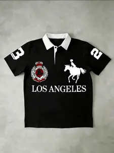 Viral Y2K LA Graphic Polo Shirt | 23 Number Print | Trendy Streetwear | Hip-Hop Style | Oversized Fit | Perfect for School, Skate & Daily Wear | Must-Have for Street Fashion Lovers | Stand Out with Bold Los Angeles Logo & Equestrian Graphic