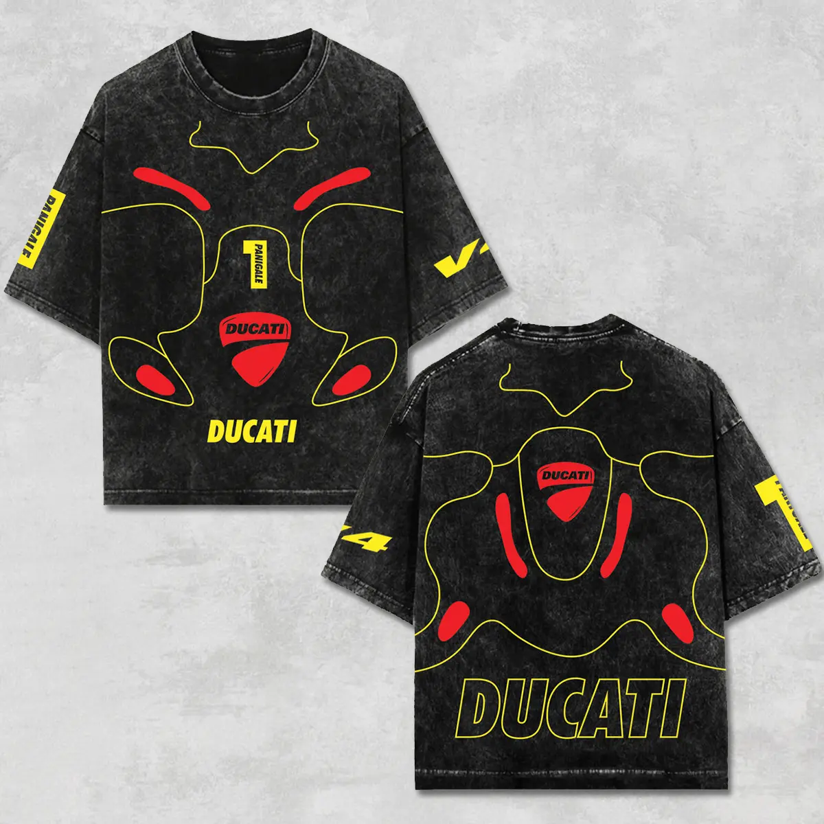 Retro Ducati Panigale V4 Graphic T-Shirt Black Acid Washed, Italian Superbike Racing Enthusiast, Motorcycle Biker Graphic Streetwear, Heavyweight Oversized Tee, Retro Moto Gear Apparel Men’s Grunge Y2K Racing Shirt Style