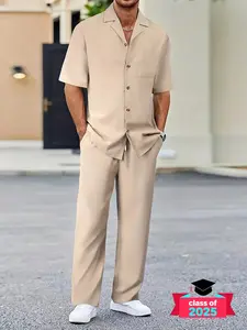 Two-Piece Set Men's Solid Button Front Shirt & Drawstring Waist Straight Leg Pants, Regular Fit Casual Lapel Neck Short Sleeve Top & Pocket Trousers for Daily Wear, Men's Two-piece Fitted Stretch Outfits for Spring & Fall & Summer, Menswear, Clothes