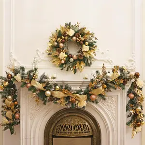 Christmas Wreath with Gold Ornaments & Faux Flowers 16" Holiday Door Wreath for Front Door Wall or Fireplace Festive Winter Decoration with Pinecones Baubles & Glitter Leaves Elegant Xmas Decor for Home