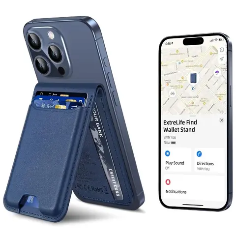 Magnetic Wireless Phone Wallet for iPhone 17, [with iPhone Find My] (iOS Only), Strong Magnetic Vegan Leather Case with Adjustable Stand & Tracker, 6-Card Holder, Blue Mobile Phone Accessories