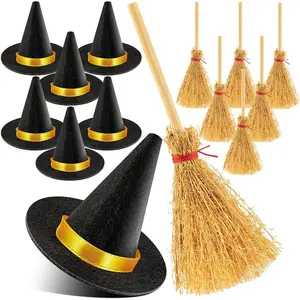 14Pcs Mini Witch Hat, Small Witch Hats for Crafts, Felt Witch Hats and Brooms for Halloween Handmade Wine Bottle Party Decor