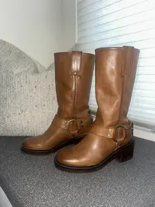 Frye Women's Brown Leather Mid-Calf Boots with Buckle Detail and Comfortable Heel