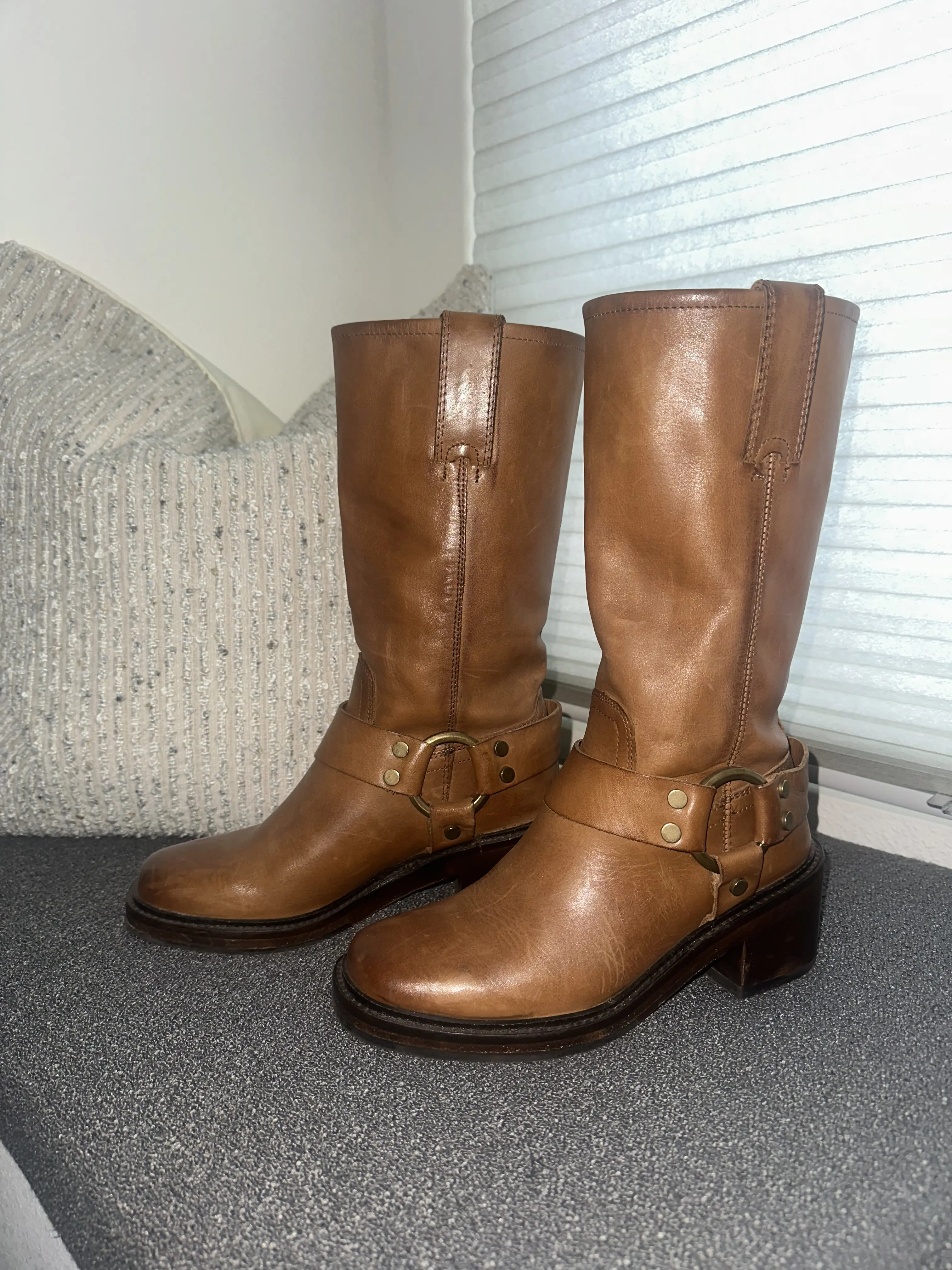 Frye Women's Brown Leather Mid-Calf Boots with Buckle Detail and Comfortable Heel