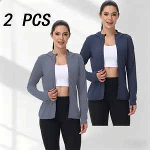Set of 2 women’s lightweight long-sleeve sun-protection hooded tops; breathable, cool sun-protection jackets suitable for outdoor activities like hiking and fishing; four-way stretch and breathable; available in multiple colors; Item number: SummerVibes