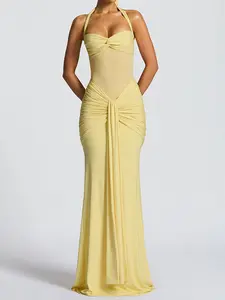 Elegant Women's Halter Neck Tie Back Sheer Mesh Dress, Sexy Long Flowy Gown, Fashionable Plain Color Evening Wear
