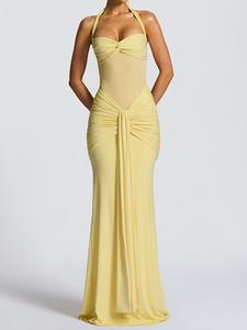 elegant women's halter neck tie back sheer mesh formal dress, sexy long flowy gown, fashionable plain color evening wear