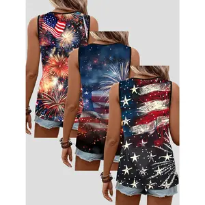 Women's 3-Piece Patriotic Fireworks & American Flag Tank Tops - Racerback, Comfortable, Loose-Fit 4th of July Sleeveless Tees