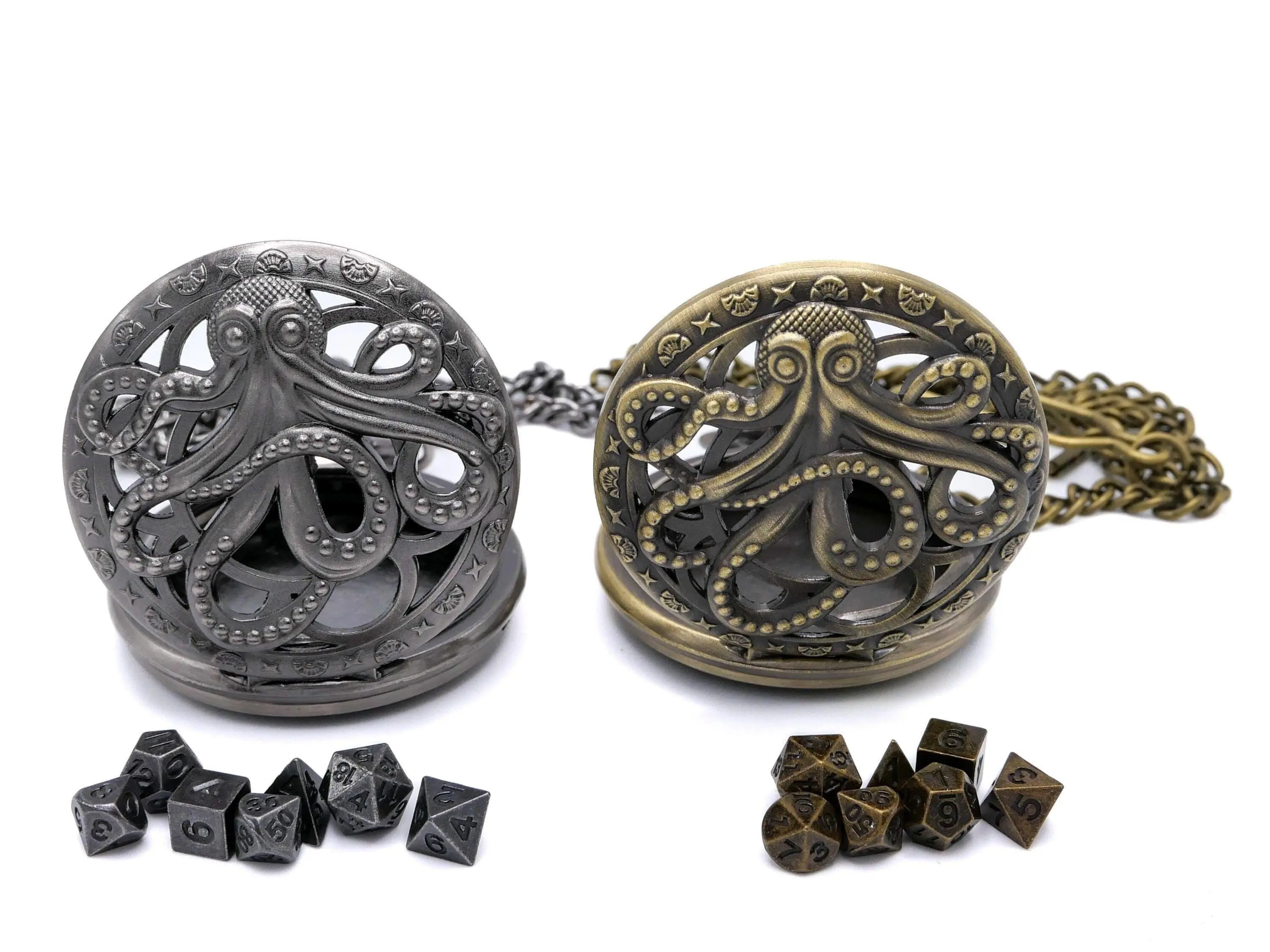 Octopus Pocket Watch Locket Metal Dice Set - 7-Piece RPG Dice with Chain & Black Velvet Bag for Dungeons and Dragons TTRPG Games
