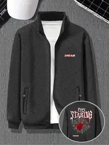 Men's Bomber Jacket, Lightweight Flight Jacket with Spider Pattern and Letter Print, Fall Outdoor Casual Coat, Transition Outerwear