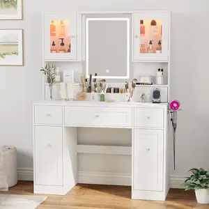VOWNER RGB Vanity Desk with Lighted Mirror, Power Outlet, Makeup Vanity with Drawers, 2 RGB Cabinets, Makeup Table for Girls, 3 Color, 5 Drawers, Adjustable Shelves, Push-Pull 2-Layer Storage (White)