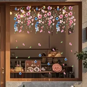 A set (30*60cm*2 pieces) of watercolor-style hanging flower and vine flat static stickers for decorating window stickers, beautifying storefront and home backgrounds, D22126