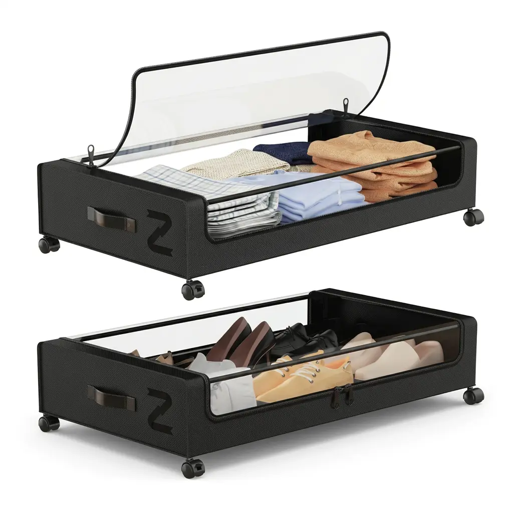 ZENTRO Under Bed Storage with Wheels, 2-Pack Rolling Storage Drawers for Clothes, Shoes, and Blankets, Large Metal Storage Containers with Clear Lids and Reinforced Handles, Black