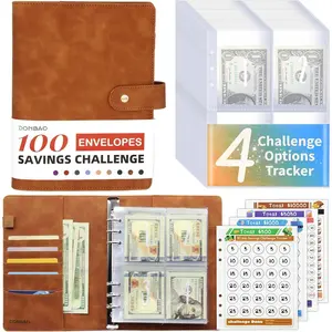100 Envelopes Money Saving Challenge Binder A5 Budget Binder with Envelopes and Challenge Tracker Savings Planner Book to Save $500 $1000 $5050 $10000 Brown