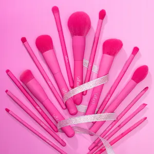 TEXAMO x SheHas Makeup Brush Set 15 Piece Quality Makeup Brushes Premium Synthetic Make Up Brushes for lip Eye shadow Foundation Powder Blush Highlighter Concealer Makeup Brush Kit for Travel Hot Pink with Two-piece foundation shovel set