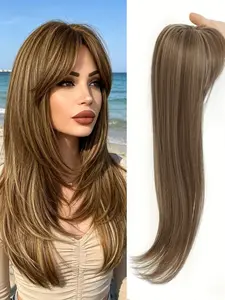🔥Warm Brown Highlight Hair Topper for Women, Clip-In with Bangs, Premium Kanekalon, Instant Volume, Natural Scalp, Perfect for Daily & Night Out