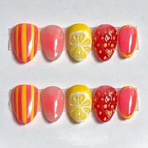 SUMMER 10Pcs Handmade Press On Nails REUSABLE Gel Acrylic Nails, Summer Fruit Full Cover Press On False Nails, Fresh Citrus Strawberry Vibe