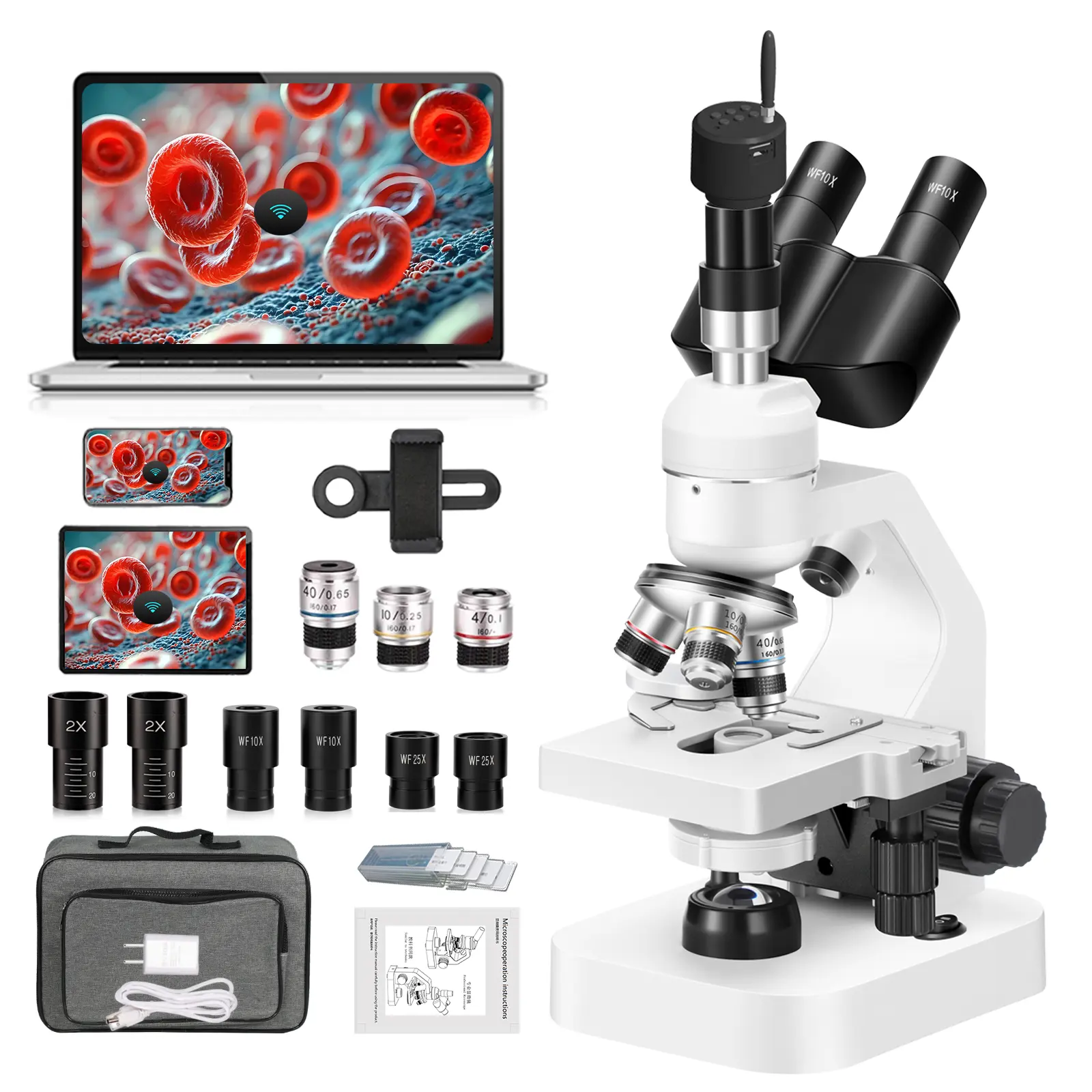 Triple Eye Compound Microscope with 40-2000x Zoom, WiFi Electronic Eyepiece, Wired Connectivity, 10x/40x Lenses, Double-Layer Movable Stage, LED Lights for Science Education Adults & Children
