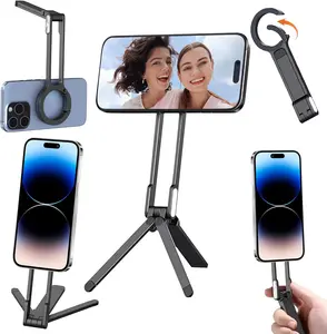 Compact Pocket Magnetic Phone Bracket, Foldable Multi-Angle Desk Tripod Stand for Magnet Enabled Cellphones, Home Office Use