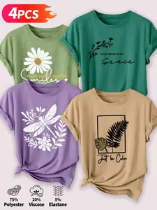 4Pcs Women's Crew Neck T-Shirts, Daisy Dragonfly & Plant Slogan Print Set, Multiple Colors Available, Machine Washable, Spring & Summer Casual Tops, Soft Skin-Friendly Fabric, Daily Versatile, Fashion Design