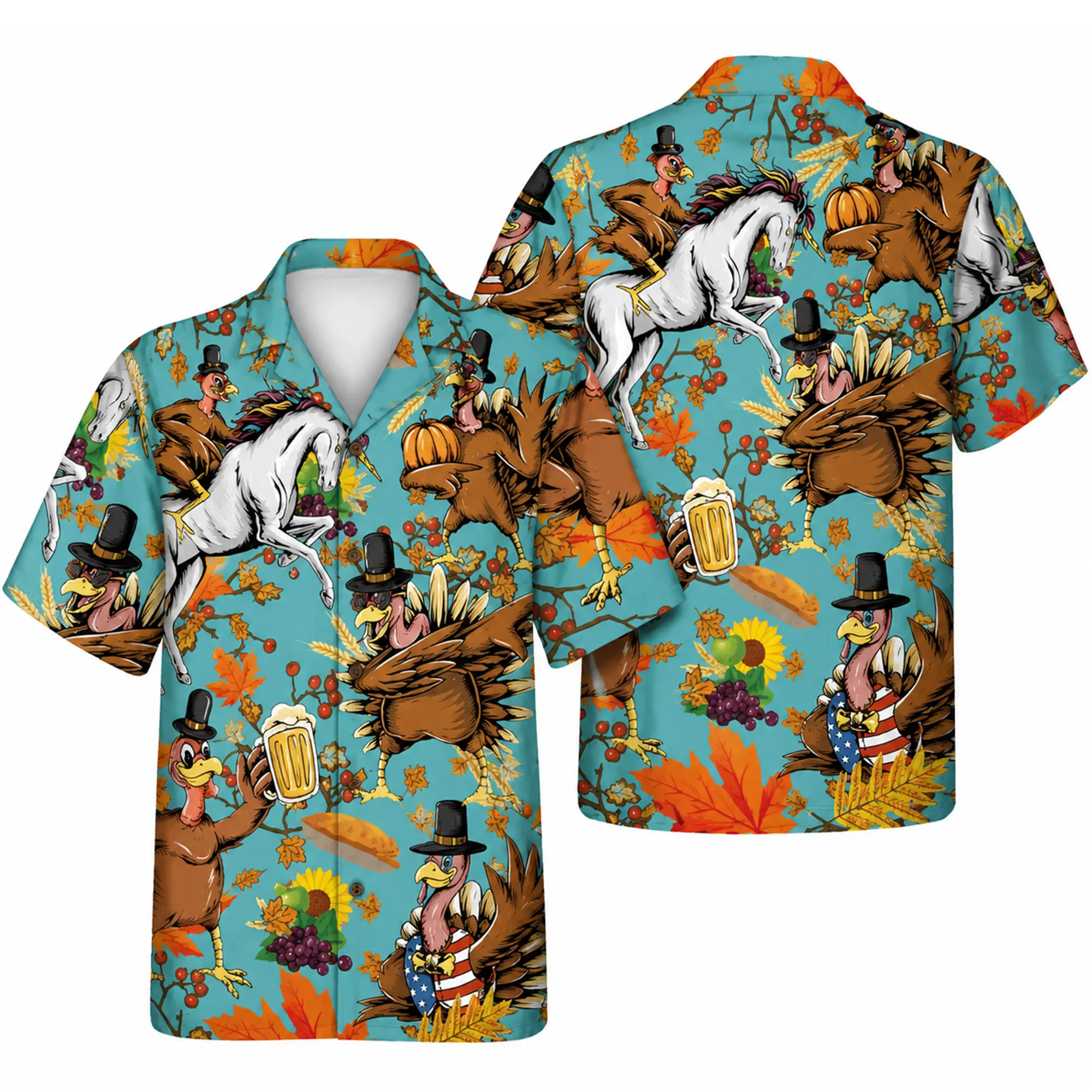 Thanksgiving Turkey Hawaiian Shirt, Funny Pilgrim Turkey Button Down Shirt, Autumn Harvest Aloha Shirt, Holiday Party Gift for Men