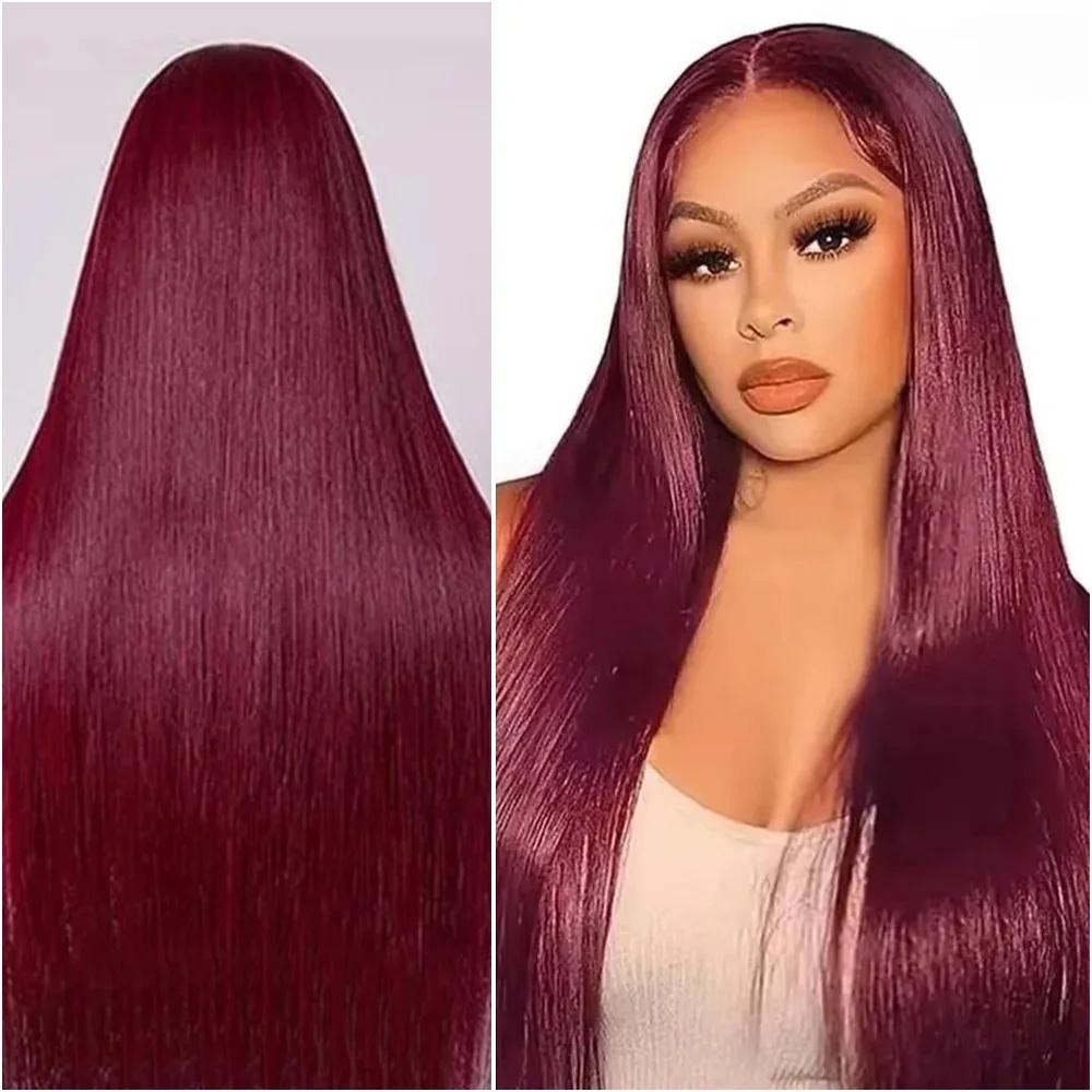 Human Hair 99J Burgundy Straight 13x4 Lace Frontal Wig Pre Preplucked Red Wine Transparent Lace Front Wigs For Women 150% Density
