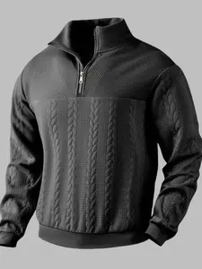 Men's Regular Fit Cable Textured Zip Up Pullover, Casual Long Sleeve Stand Collar Sweatshirt for Spring & Fall, Fashion Men's Clothes for Daily Wear